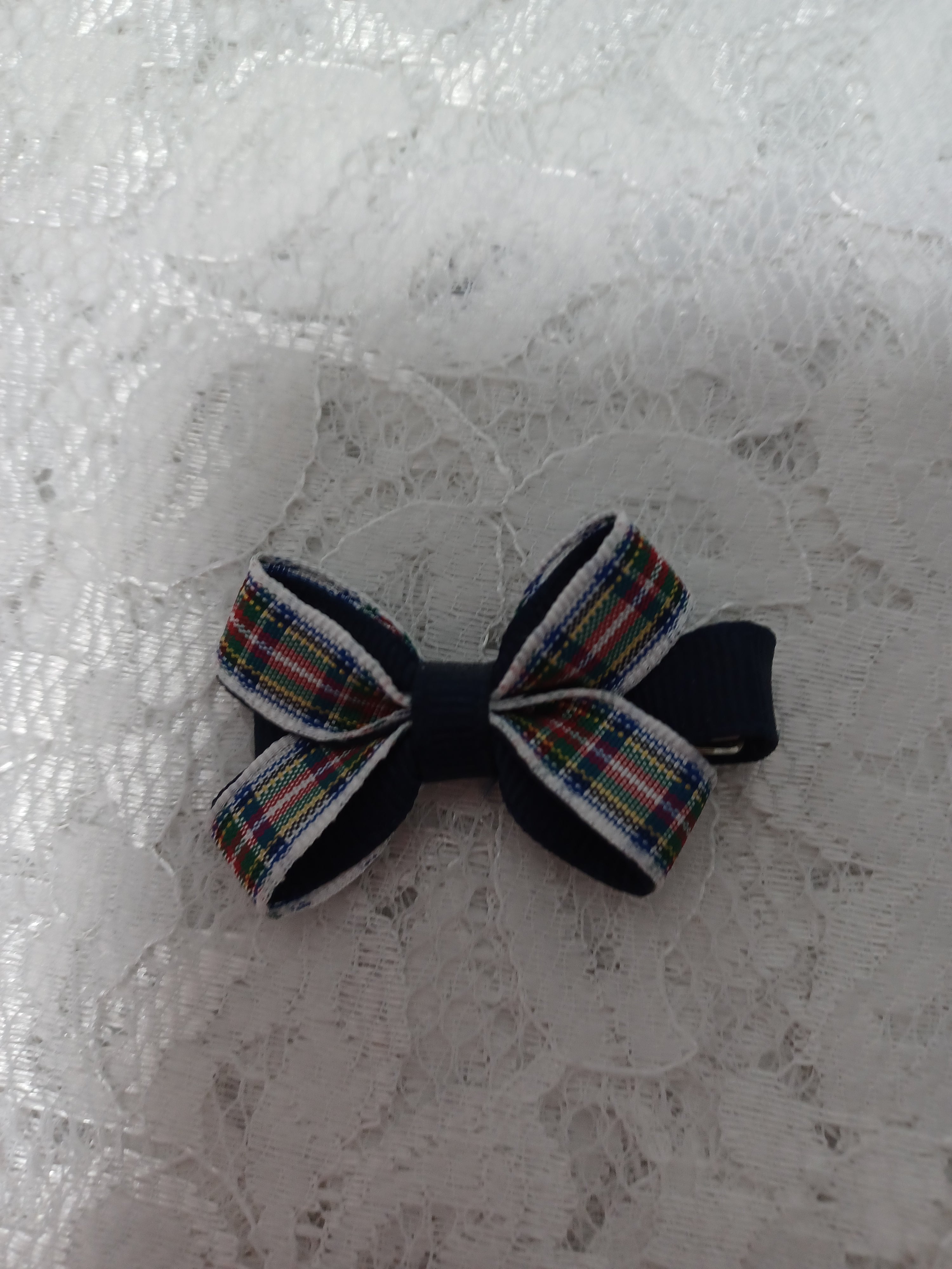 Navy Plaid Clip Hair Bow